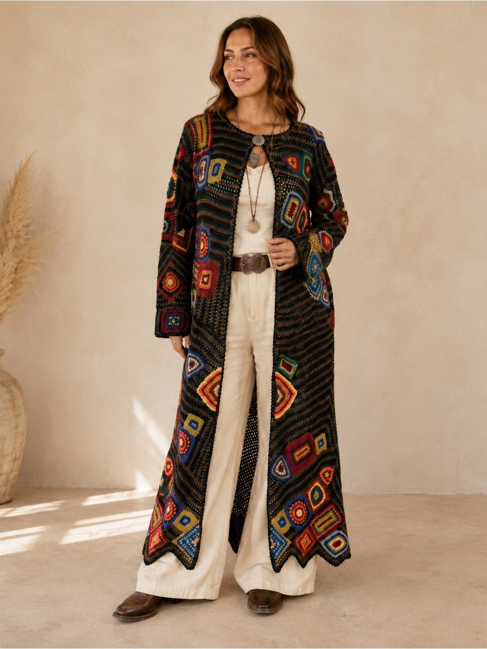 Handmade Crochet Granny Square Maxi Duster Cardigan L XL Boho Festival Artisan